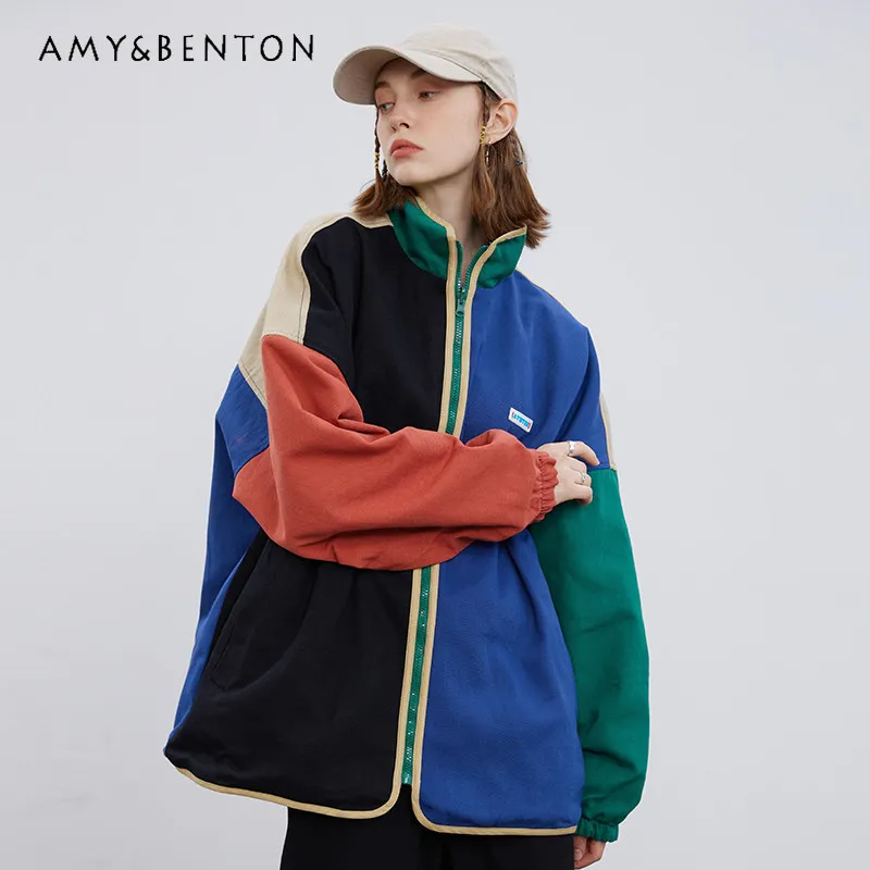 

2026 Spring and Autumn New American Retro Style Women's Black and Blue Patchwork Reversible Loose Casual Jacket