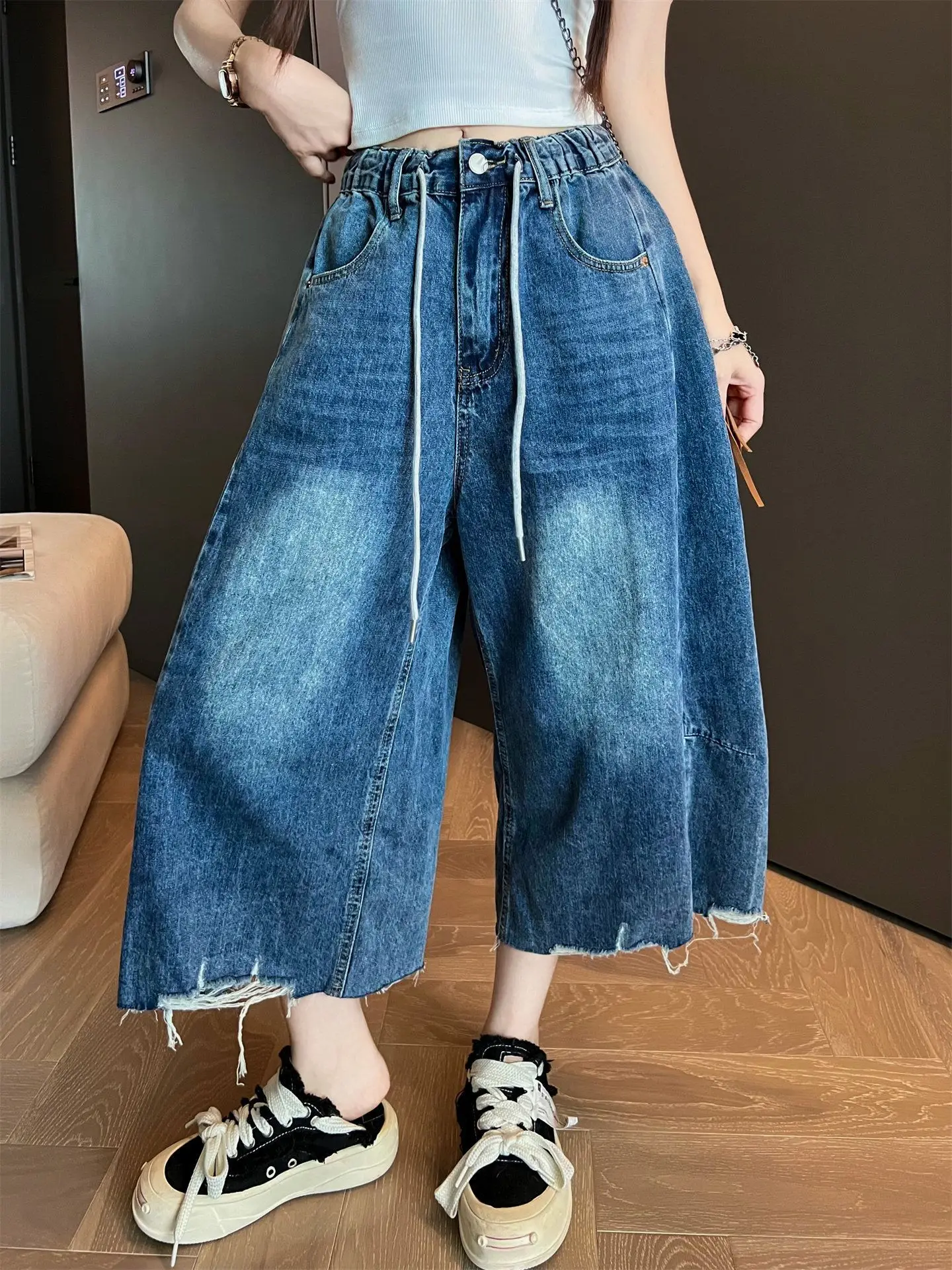 Calças Jeans Americanas Retrô de Perna Larga, Tamanhos Grandes (até 300 Libras), Unissex, Verão, Soltas, com Efeito Emagreced...