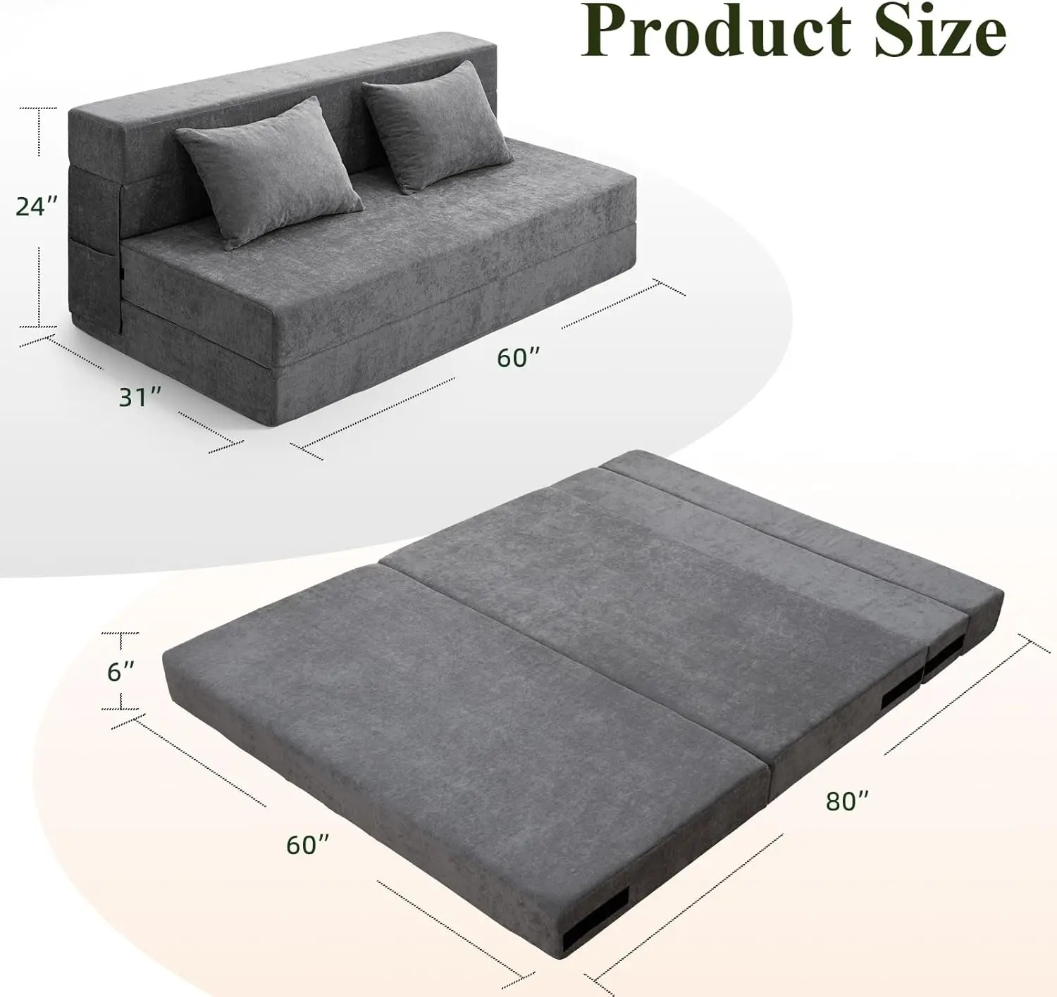 HOMFINE Folding Sofa Bed - Convertible Sleeper Chair With Pillow, Fold Out Couch, Foam Floor Mattress, Futon Couch, Lazy Sofa Fo