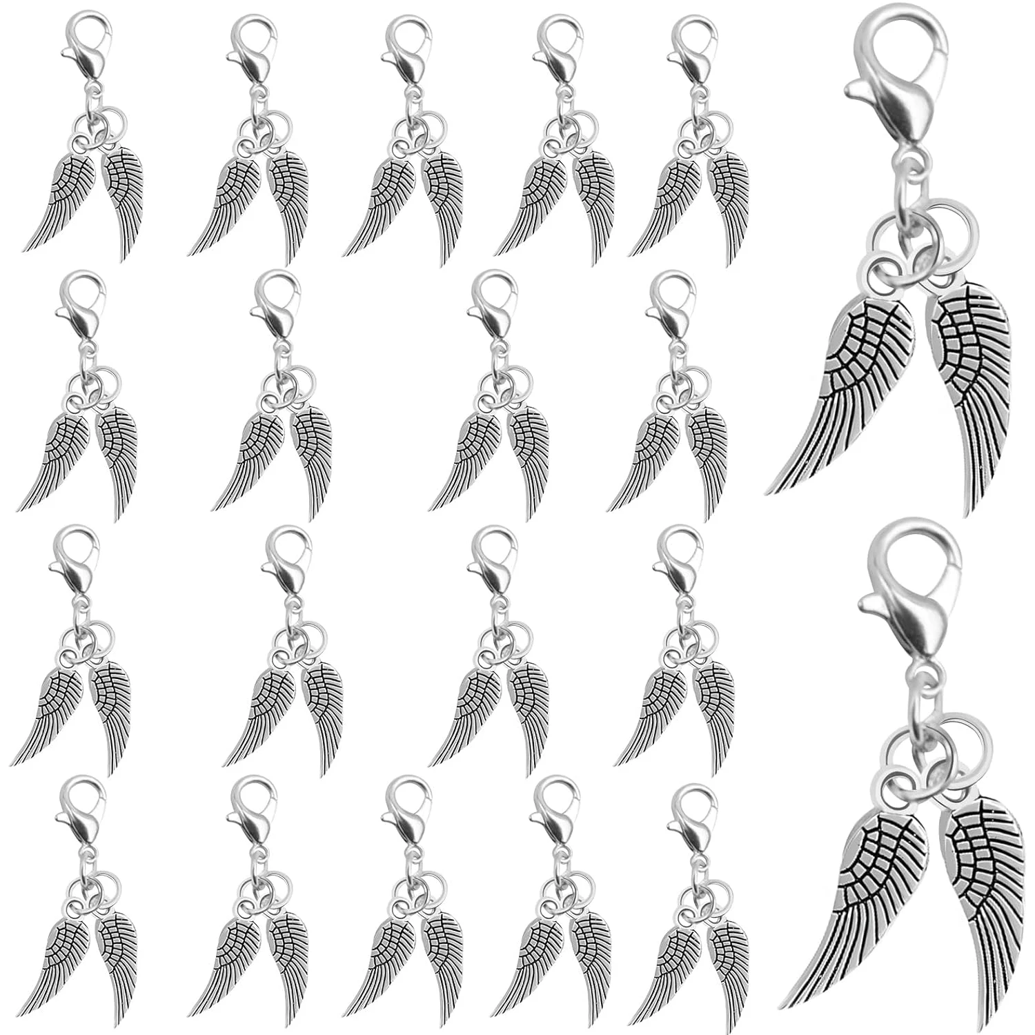 

20 Sets of Angel Wing Clip on Charms with Lobster Clasp Antique Silver Double Wings Dangle Pendant Clasps Hanging Ornaments