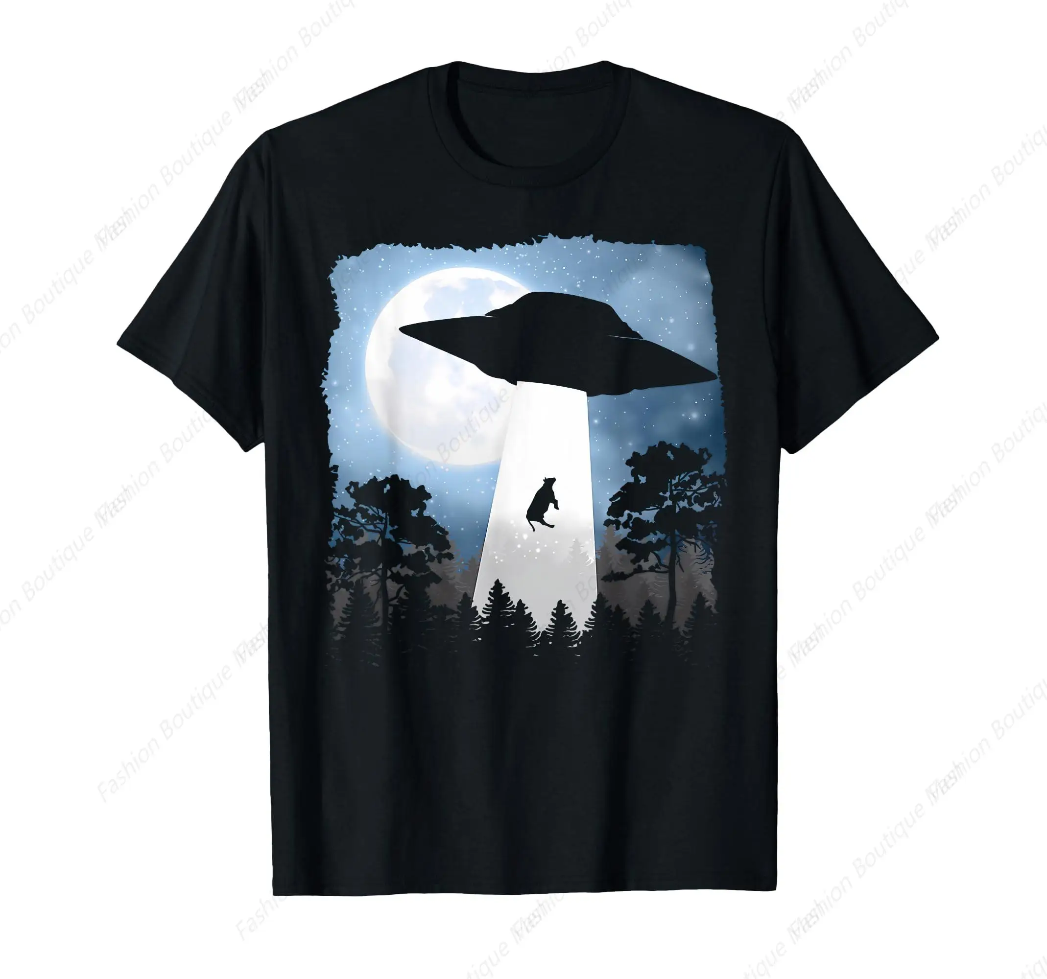 Retro UFO Cow Abduction Funny Sci Fi Alien Space T-Shirt Cotton Shirt Street-wear Graphic Tees