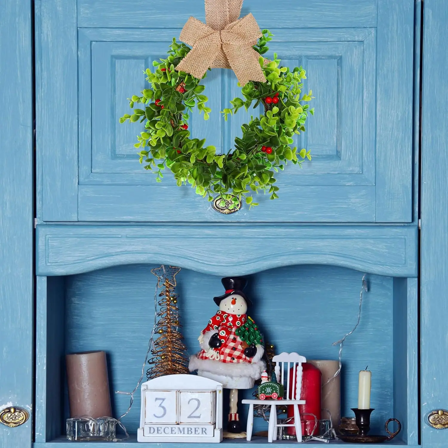 

6 Pcs Christmas Kitchen Cabinet Wreaths With Ribbon Mini Christmas Wreath Xmas Small Cabinet Wreaths For Window Door Chair Wall