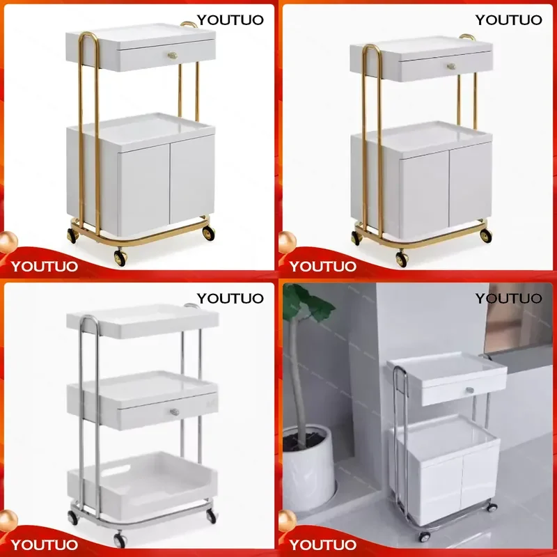Light Luxury Embroidery Beauty Salon Cart Mobile Tool Trolley Skin Management Manicure Storage Rolling Utility Rack