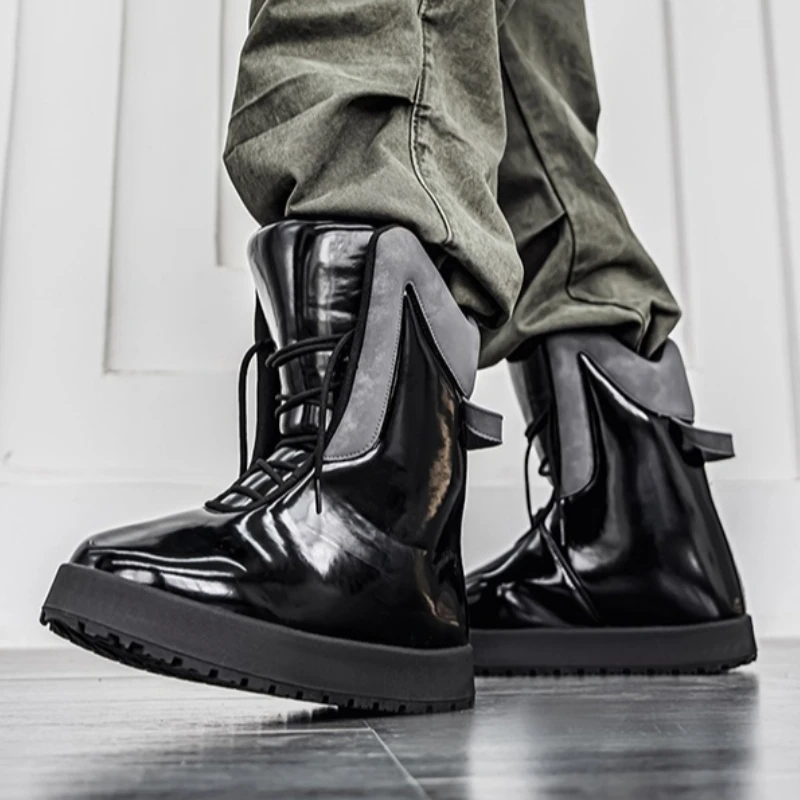 

Мужские высокие ботинки однотонного цвета на плоской подошве с круглым носком, популярный стиль, на шнуровке, большие размеры, высококачественные модные уличные ботинки