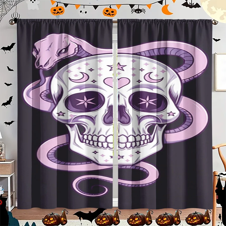 2PCS Digital Print Curtain, Snake Coiled Skull Stars Moon Purple, Gothic Mystic Dark for Living Room Bedroom Kitchen Decor