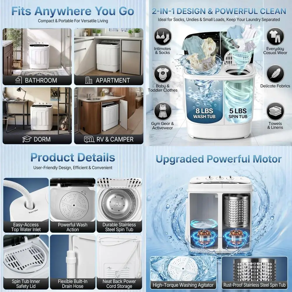 

Портативная мини-стиральная машина с двумя баками, вместимостью 13 фунтов, с функциями стирки и отжима, идеально подходит для кемпинга, общежитий и небольших помещений.