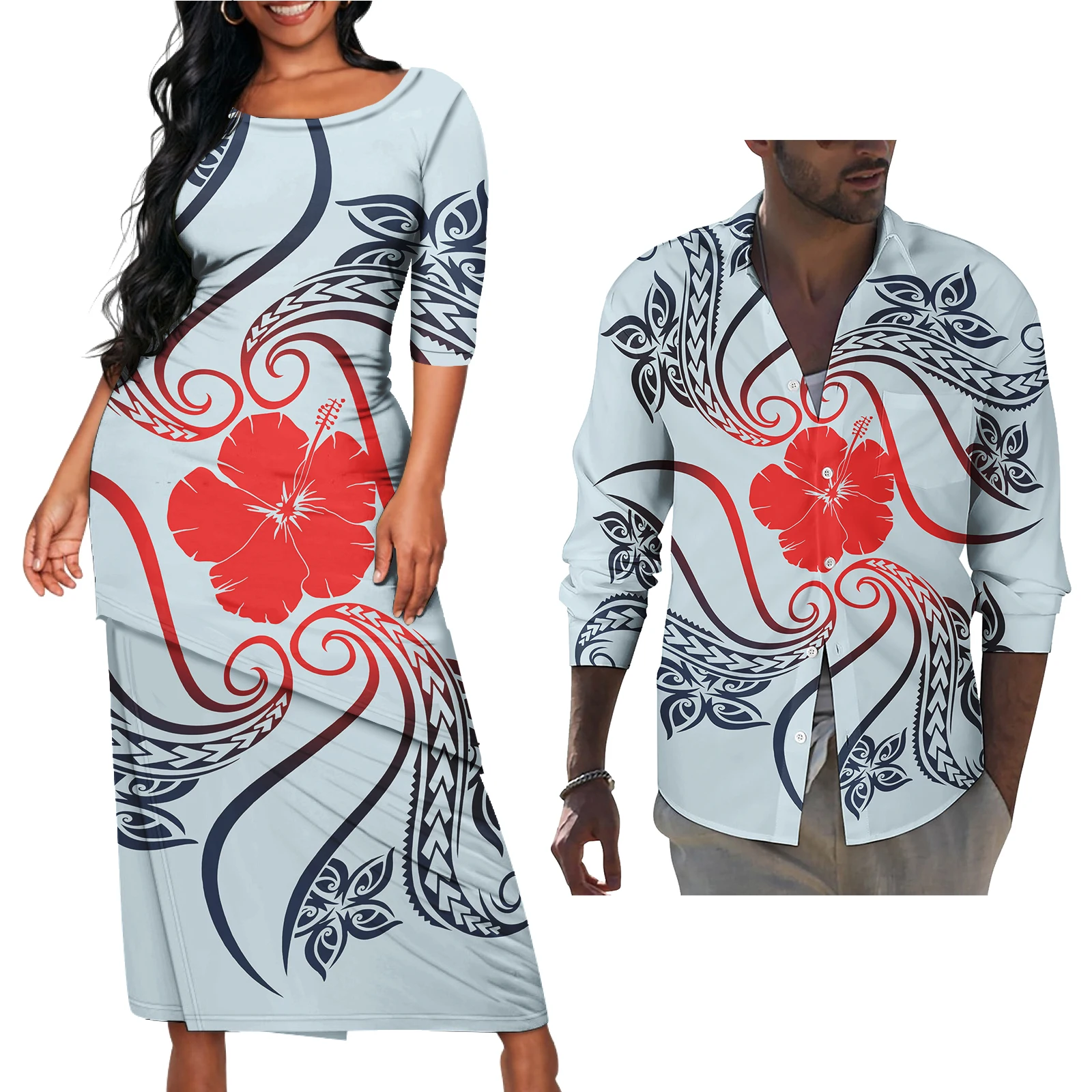 Polynesian Tribal Tapa Couple Matching Outfits Couple Outfit Set Casual Women Dresses Matching Men Shirt Puletasi