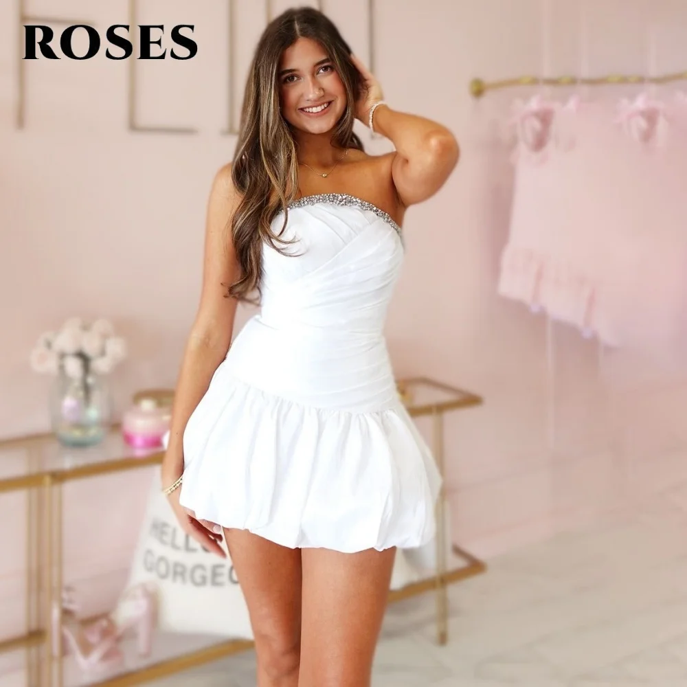 

ROSES White Elegant Homecoming Dress with Beading Strapless Celebrity Dress Sequins Satin Sleeveless Occasion Dress Customized