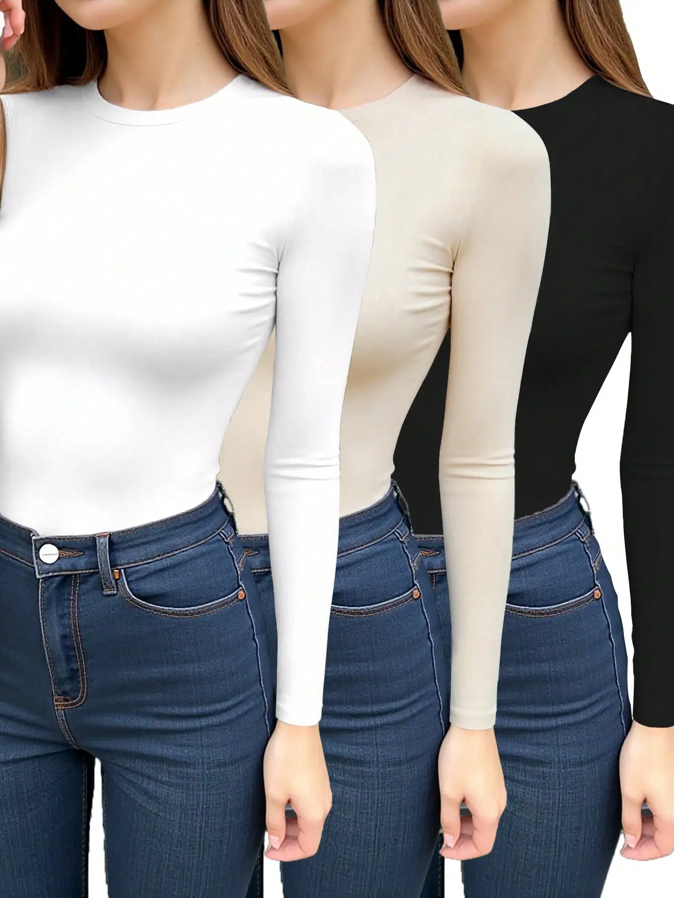 

Комплект из 3 женских однотонных топов с длинными рукавами и круглым вырезом, облегающего кроя
