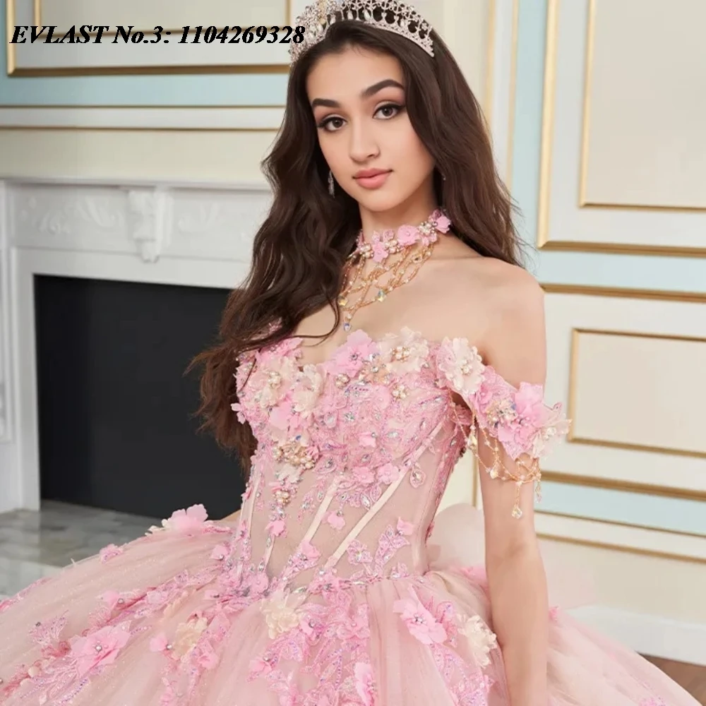 EVLAST Personalizado 2025 Rosa Quinceanera Vestido de Baile 3D Floral Applique Frisado Arco Espartilho Doce 16 Vestidos De 15 Anos E3Q103