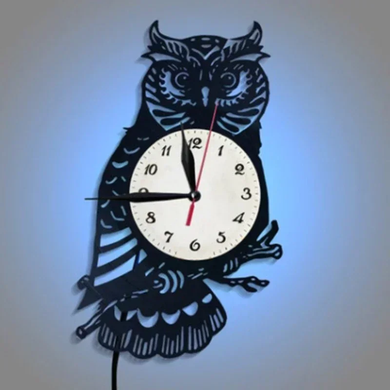 Owl Vinyl Record Wall Clock LED Night Light Remote Control Night Light Wall Clock Home Decoration Children's Bedroom Wall Clock