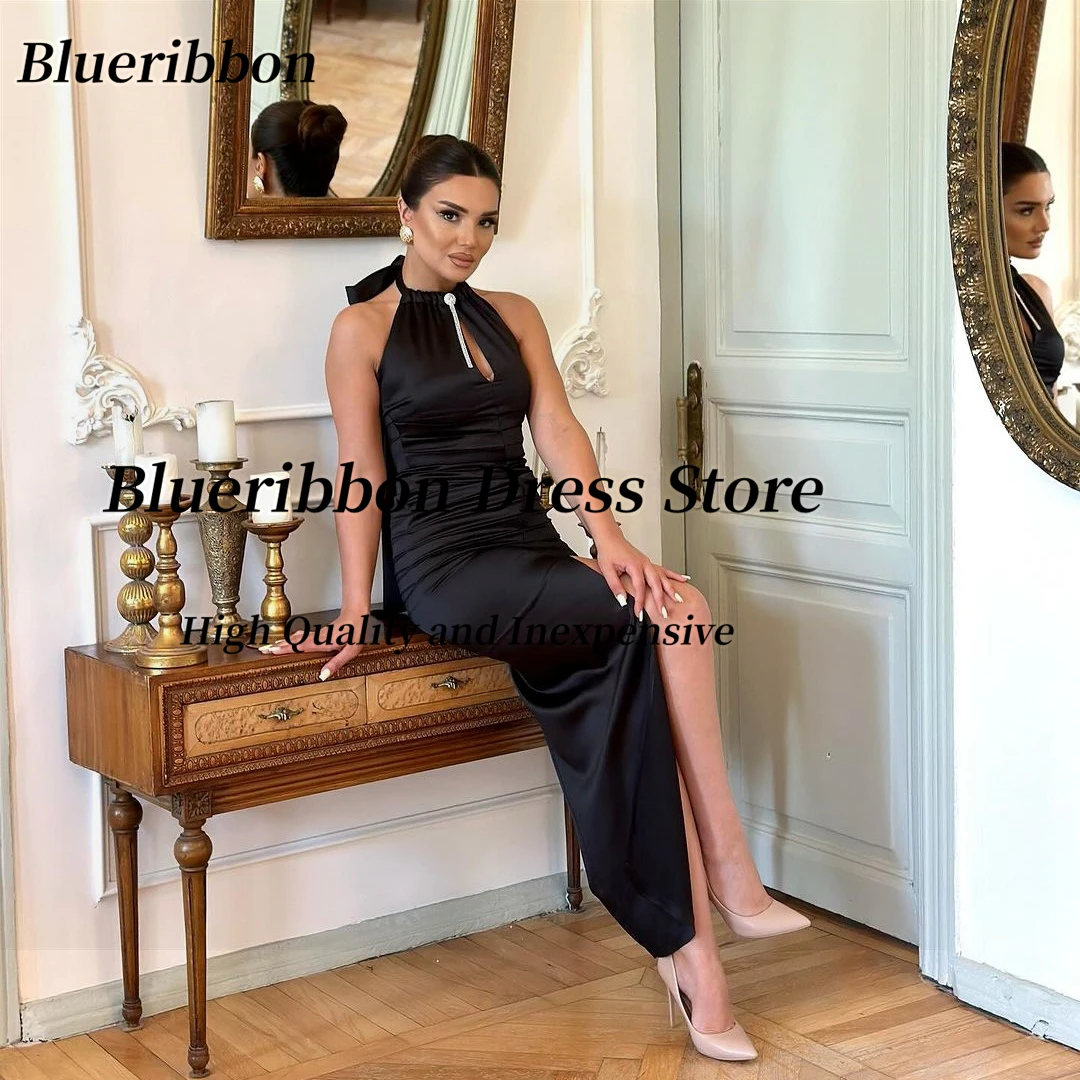 Blueribbon Ankle Length Black Prom Dresses Keyhole Halter Neck Sexy Back Robe De Cocktail Dresses Ruched Front Slit Evening Gown