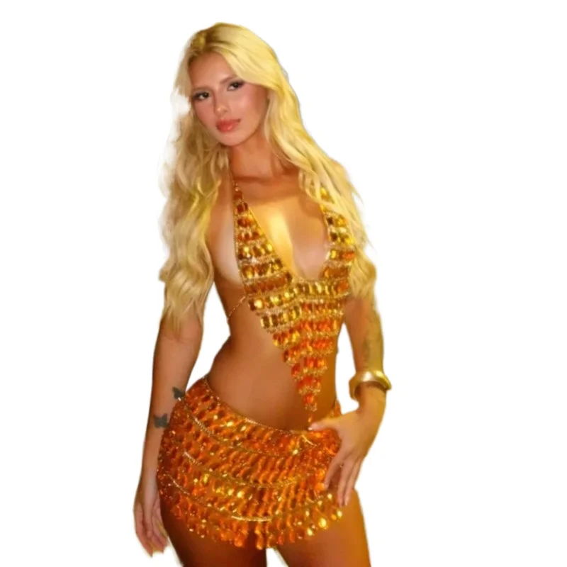 

Gold Shiny Rhinestone V-neck Cami Top Waist Chain Set Luxury Big Diamond Body Chain Skirt Suit Festival Body Jewelry Accessories