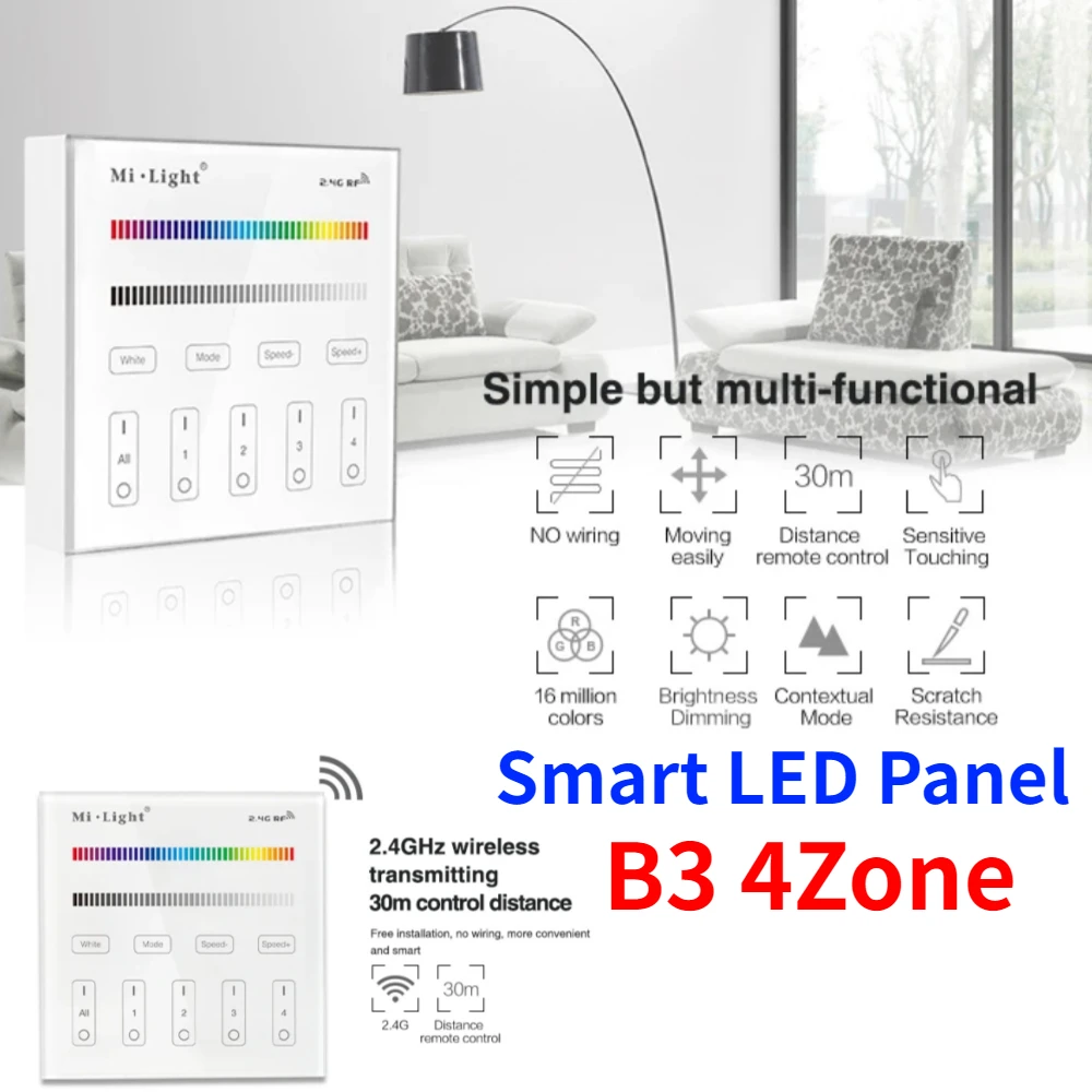 

Miboxer B3 4-Zone Smart Panel RGB/RGBW and Brightness Dimming Remote Controller Control for Led Strip Light Ribbon Lamp or Bulb