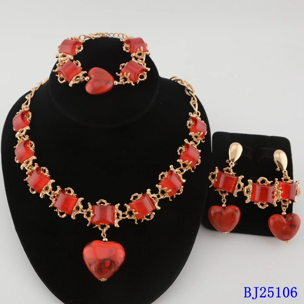 African Women Fashion Coral Beads Jewellery Set Luxury Dubai Style 18k Gold Plated 4pcs Necklace Earrings Ring Bracelet Party Gi