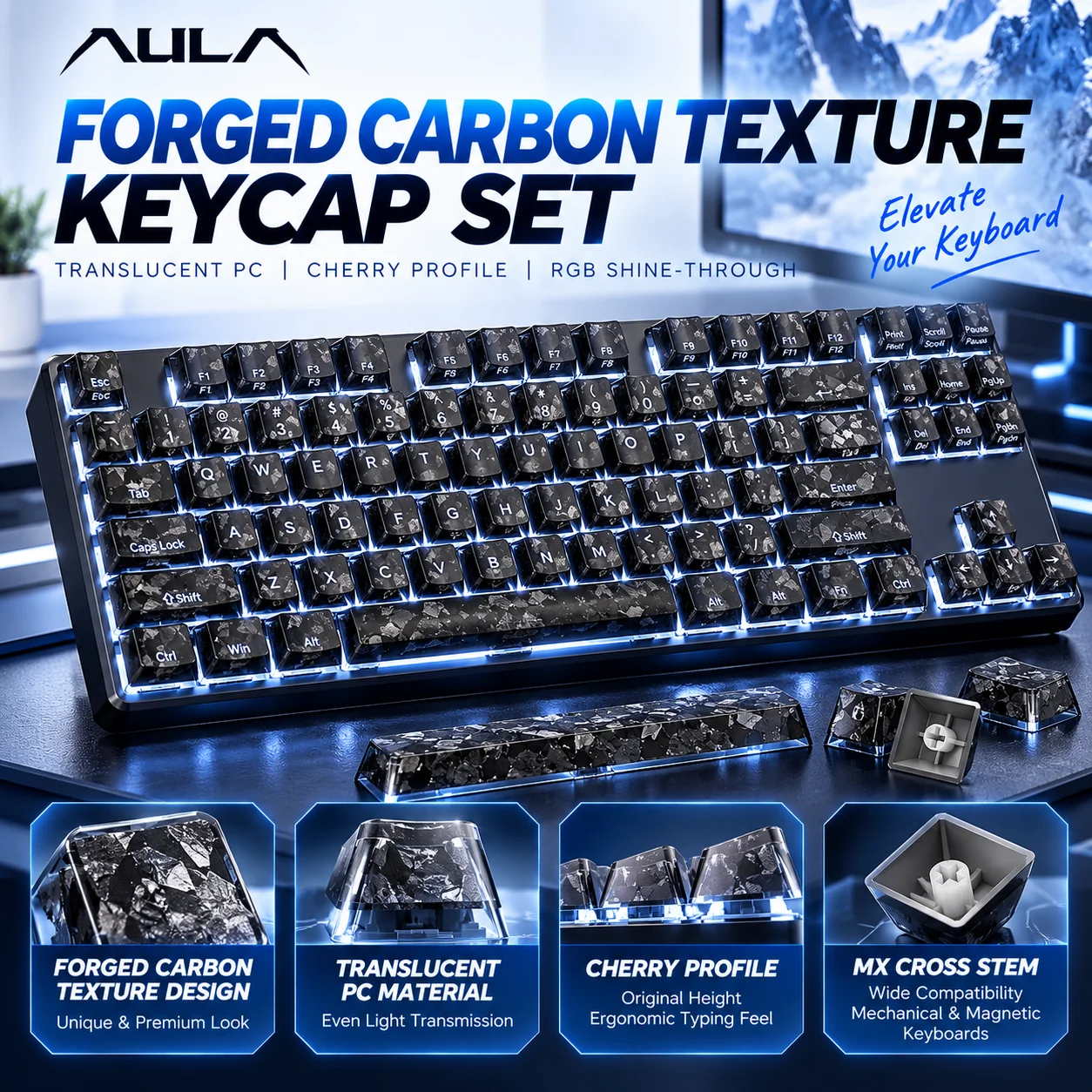 AULA Forged Carbon Texture Keycap Set PC Translucent Cherry Profile MX Stem RGB Shine Through for Mechanical Magnetic Keyboards