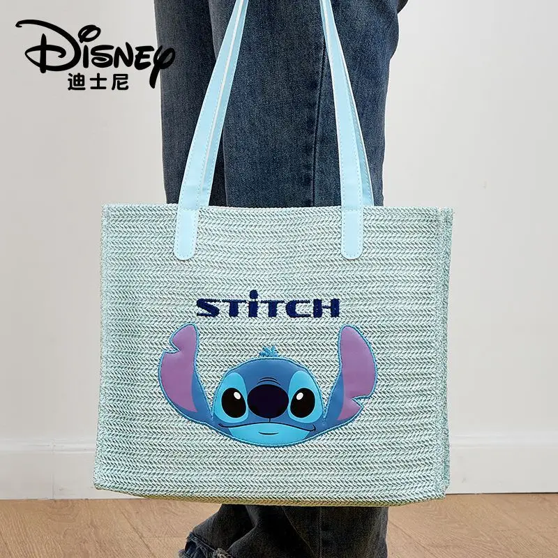 

Disney hand woven cartoon Stitch handbag for women, large capacity casual and fashionable one shoulder beach bag