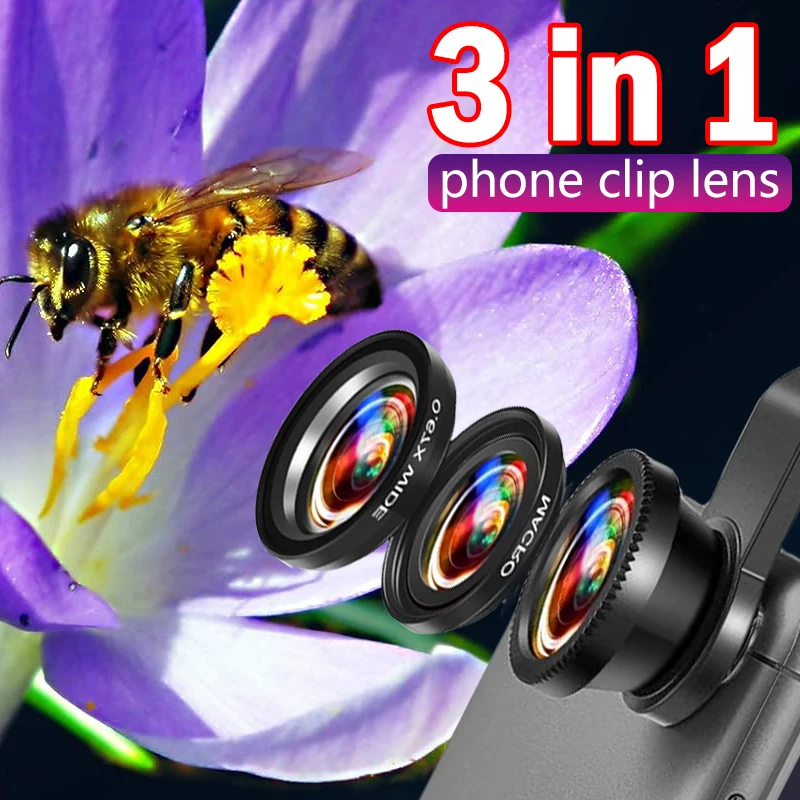 Universal 3 in 1 Camera Lens Kit Phone Clip Fisheye Macro Wide Angle Lens Cell Phone Lenses Attachments For Most Smartphones