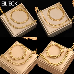 EILIECK 316L Stainless Steel 18K Gold Plated Waterproof Thick Chain Necklace Bracelet Jewelry Set For Women Girl Fashion Gift