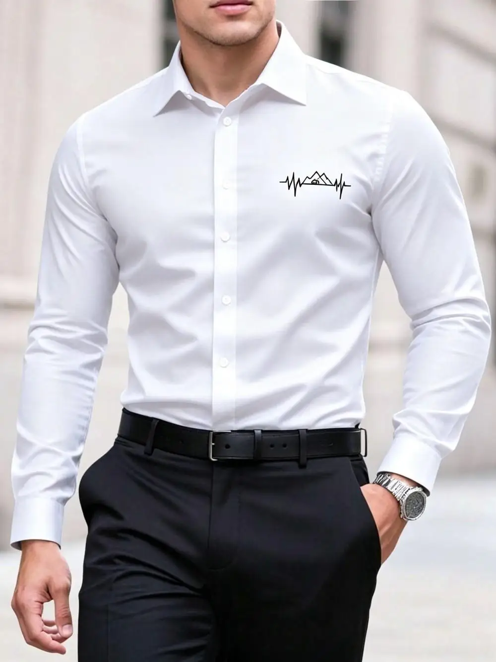 Men's Mountain Print Single Button Casual Commuter Long Sleeve Shirt, Men's Formal Shirt, Business Shirt, Slim Fit Men's Shirt