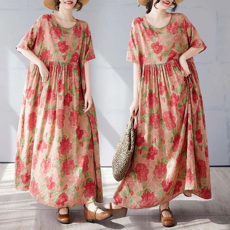 2025, katoenen en linnen jurk dames zomer casual losse retro maxi-jurk met korte mouwen en bloemenprint