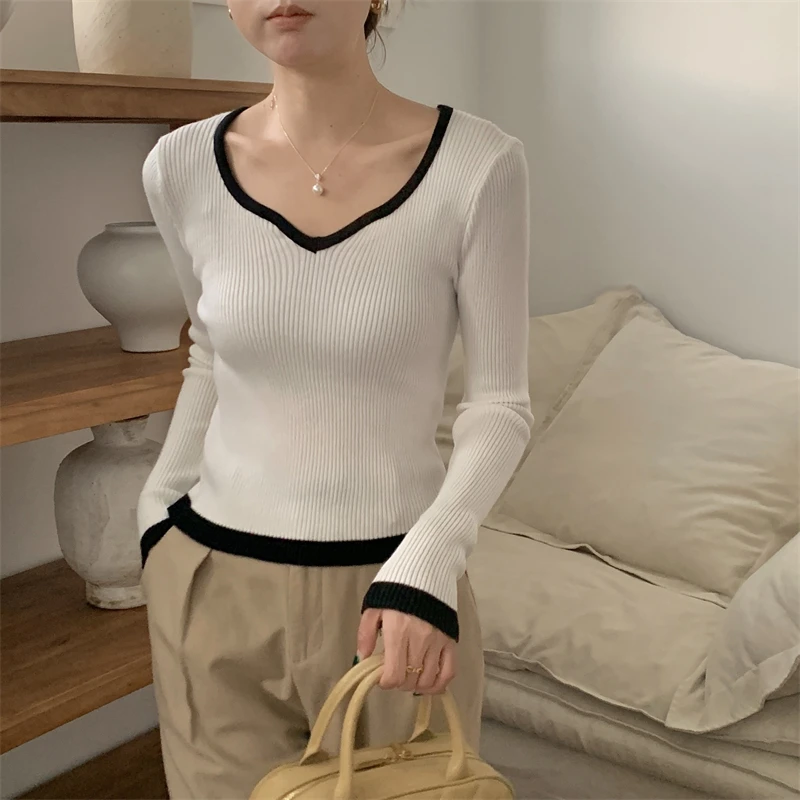 

Women's Pullovers Spring and Autumn V-neck Slim-fit Long-sleeved Office Lady Knitted Sweater Korean Female Casual Daily Tops