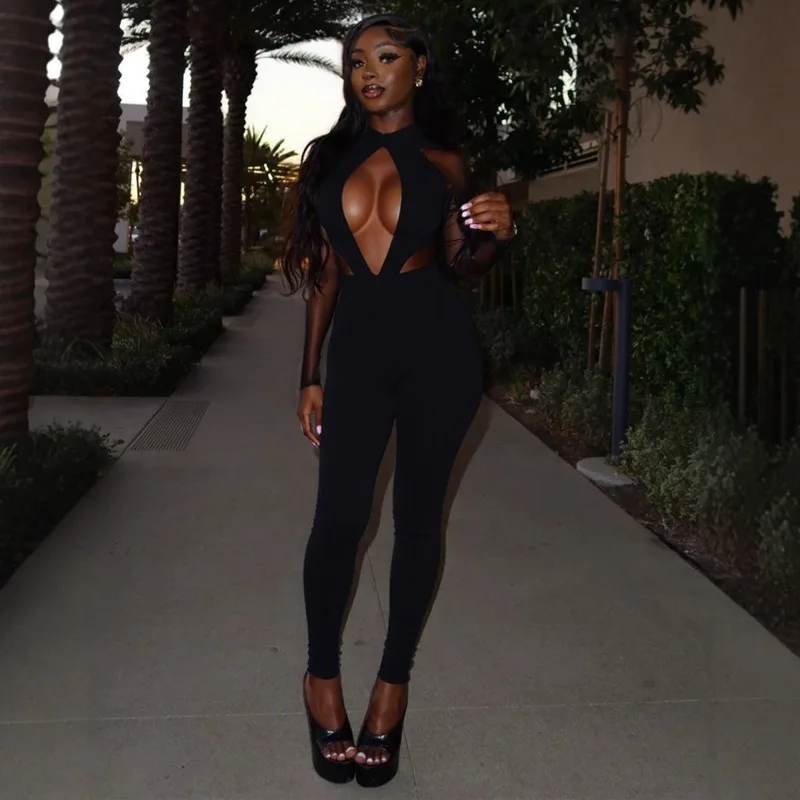 

Прозрачные сетчатые лоскутные узкие комбинезоны с открытой спиной, осень 202, женские сексуальные облегающие клубные комбинезоны с круглым вырезом и длинными рукавами