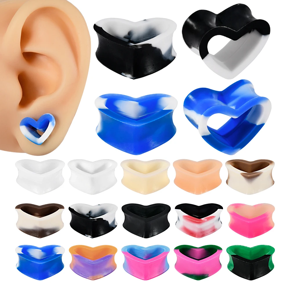 14-16pcs Heart Silicone Flexible Ear Tunnels Gauges Plugs Colorful Stretchers Expander Double Flared Flesh Tunnels Ear Piercing