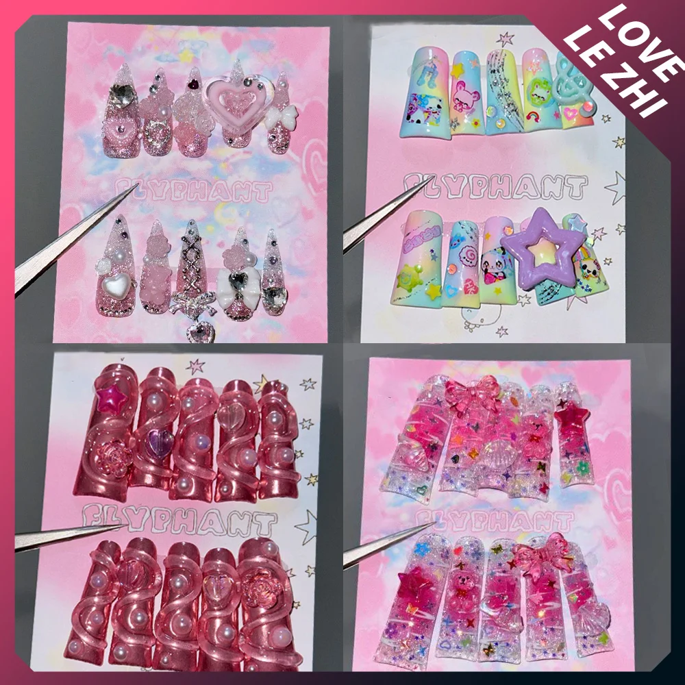 

Sweet Pink Shining Personality Long Duckbill Nail Patch 3D Stars Love Bowknot Diamond Music Note Fake Nail Party Accessories