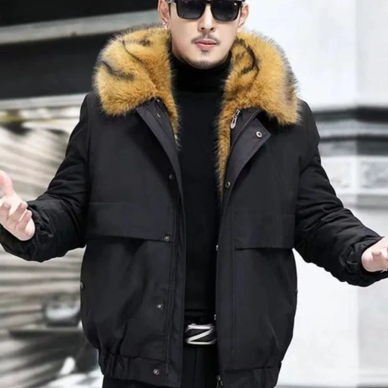 Pie Overcome Men' Jacket Removable Thickened Liner Imitation Fox Fur Integrated Short Fur Warm Jacket Personality Simple Vintage