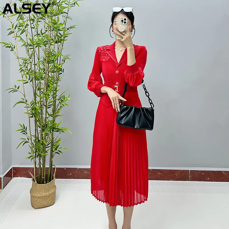 

ALSEY Miyake Pleated Original Dress for Women's Fall New High-end Retro Waist Pleated False Two-piece Lantern Sleeve Long Skirt