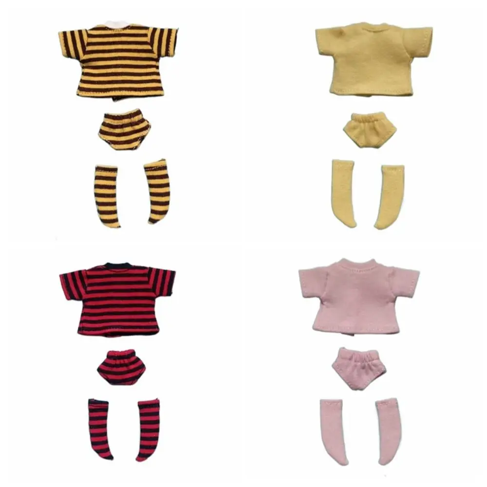 

T-shirt Ob11 Doll Clothes Shorts Socks Knitted Sweatshirt Doll Underwear Cotton Three-piece OB11 Striped Tops Boy Girl Gift