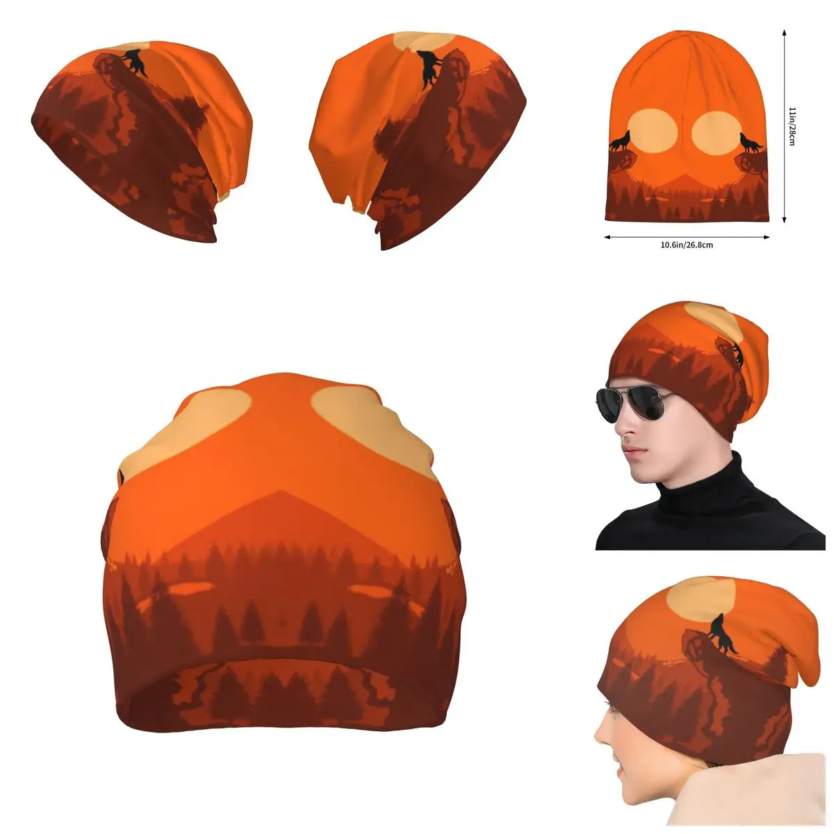 Wolf Red Moon Setting Sun Knitted Hat For Men And Women, Gift Unisex winter Warm Brimless printing Urinal Hat