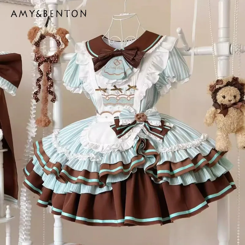 

Sweetheart Girl Lolita Maid Suit Cute Bow Doll Collar Short Sleeve High Waist Slim Striped Tutu Dress Cartoon Printed Apron Sets