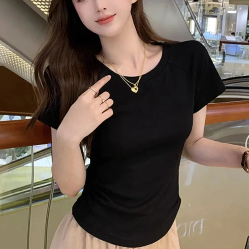 Design T-shirts for Women Solid Korean Style Summer Tees Short Sleeve Sexy Girls Hollow Out Fashion Attractive Ins Simple Casual