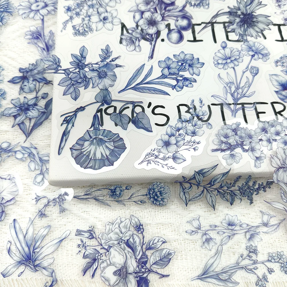50 new blue and white floral stickers, for notebooks, phones, and DIY journaling, made of PET material