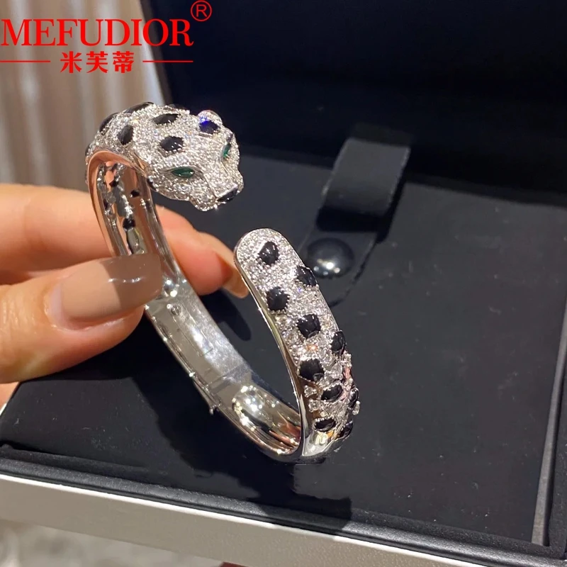 

925 Sterling Silver White Gold Color Leopard Head Bangle Moissanite Diamond Luxury Bracelet Party Jewelry Gift for Women and Man