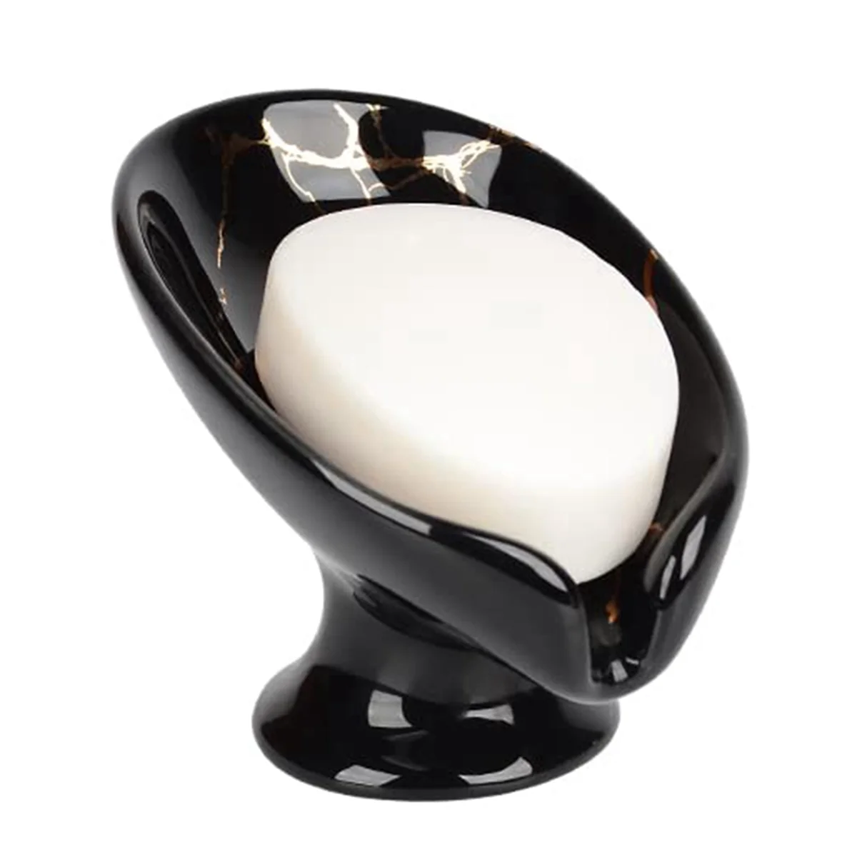 Soap Dish, Ceramic Soap Holder Self Draining Marble Look Leaf-Shape Soap Dishes for Bathroom,Black