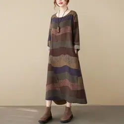 Fashion Casual Round Neck Long Dress Vintage Striped Patchwork Printed Women's Clothing Spring Autumn Folk Long Sleeve Dresses