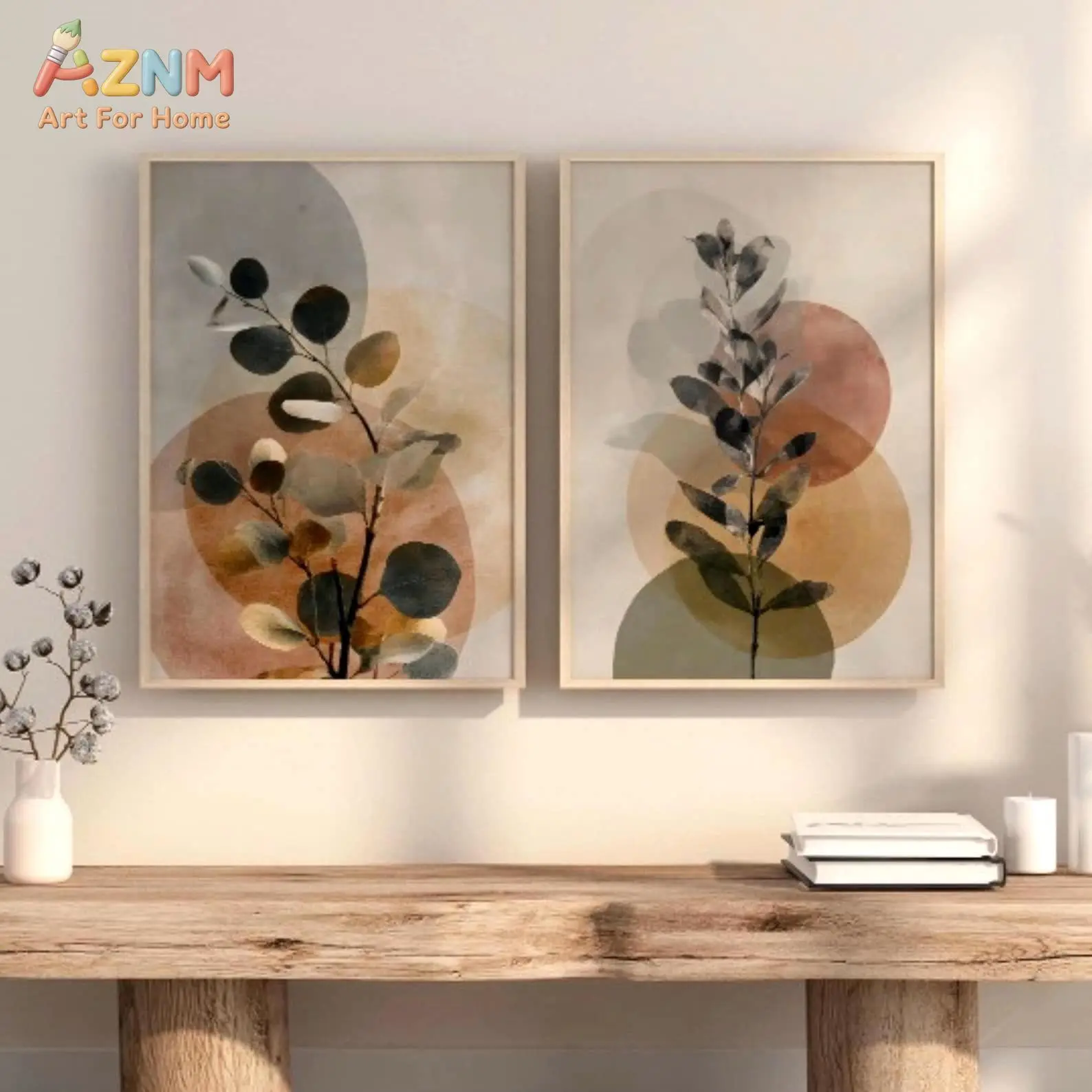 Terracotta Botanical Print Set, Eucalyptus Wall Art Set of 2, Japandi Botanical Diptych, Neutral Scandinavian Wall Decor