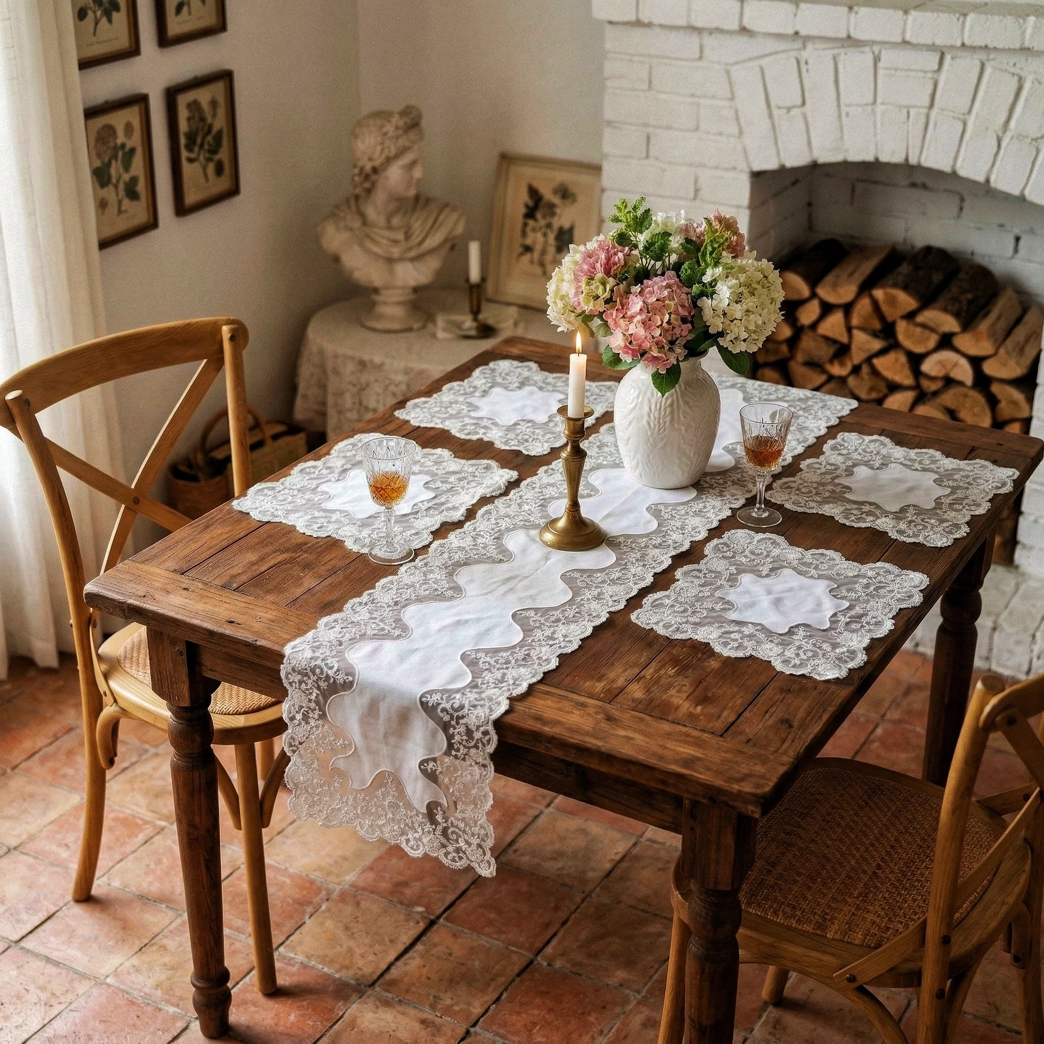 Table Runner Set 5 Pcs Wedding Placemat French Style White Lace Tablecloth Luxurious Dining Table Napkins Christening Decor