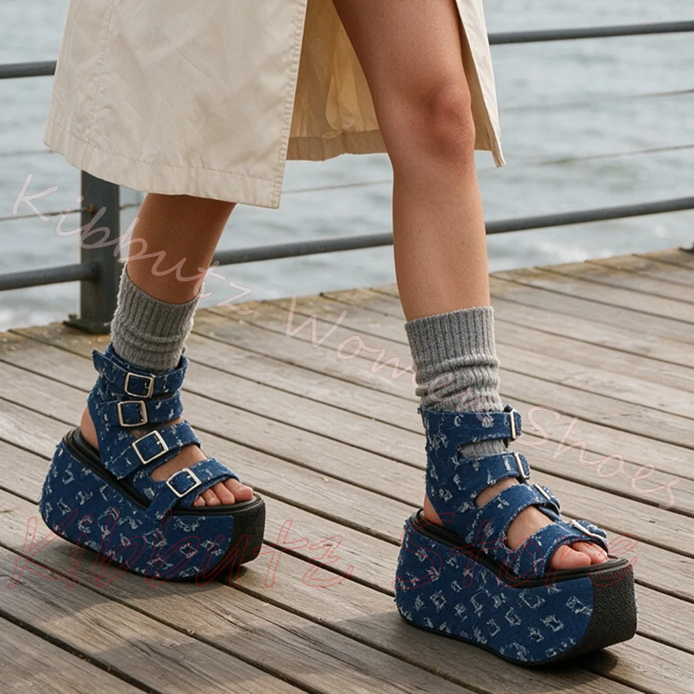 Denim Cloth Sandals Platform Round Toe Thick Bottom Mixed Color Fashion Elegant Concise Sexy Women Shoes Belt Buckle Mixed Color