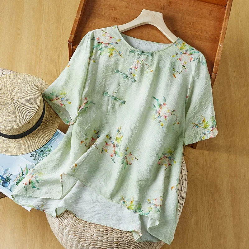 

Women's Chinese Style T-Shirt, Printed Loose Tees, Cotton Linen Clothing, Vintage Short Sleeves, Summer Tops, New