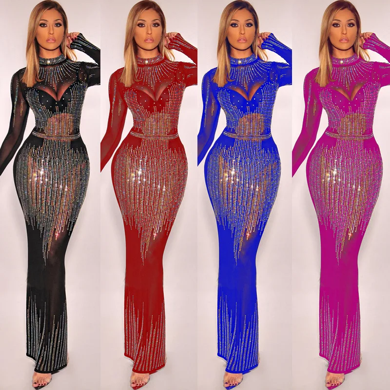 

Women Diamonds Hot Drill Mesh Long Sleeve Mermaid Maxi Dress Sexy Night Party Long Dresses for Winter Spring