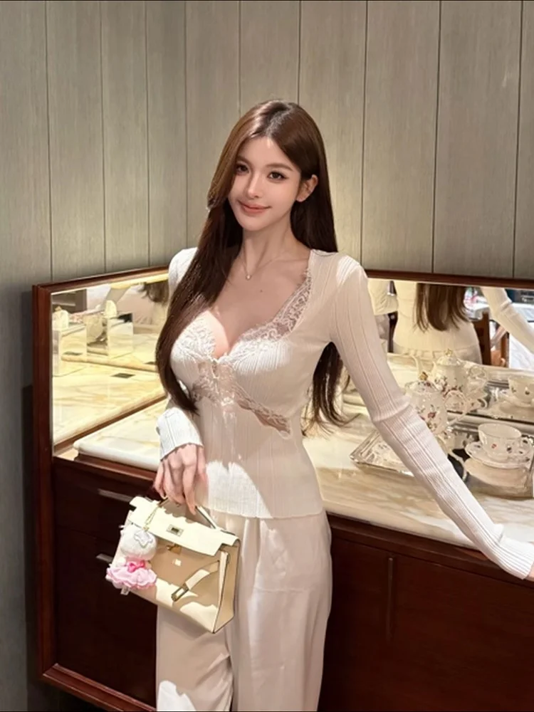 

Stazf7 Sexy V-neck Lace Patchwork Slim Fit Base Shirt Women Spring Summer Pure Desire Long Sleeve Commute Style plus Size