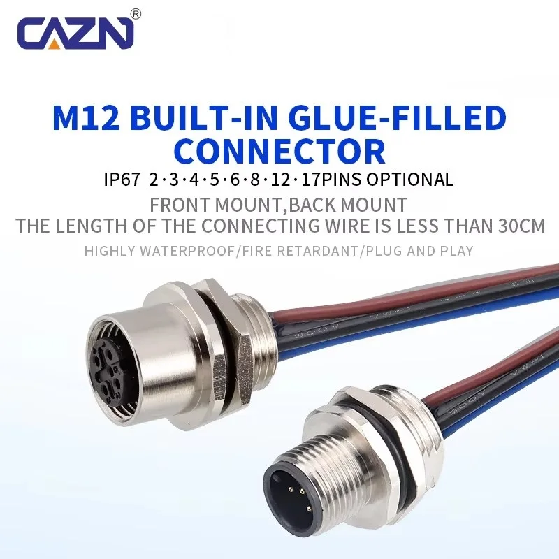 IP67 M12 Connectors Male&Female 2/3/4/5/6/8/12/17 Pins Front Back Mount Socket With 30cm Wire Cable