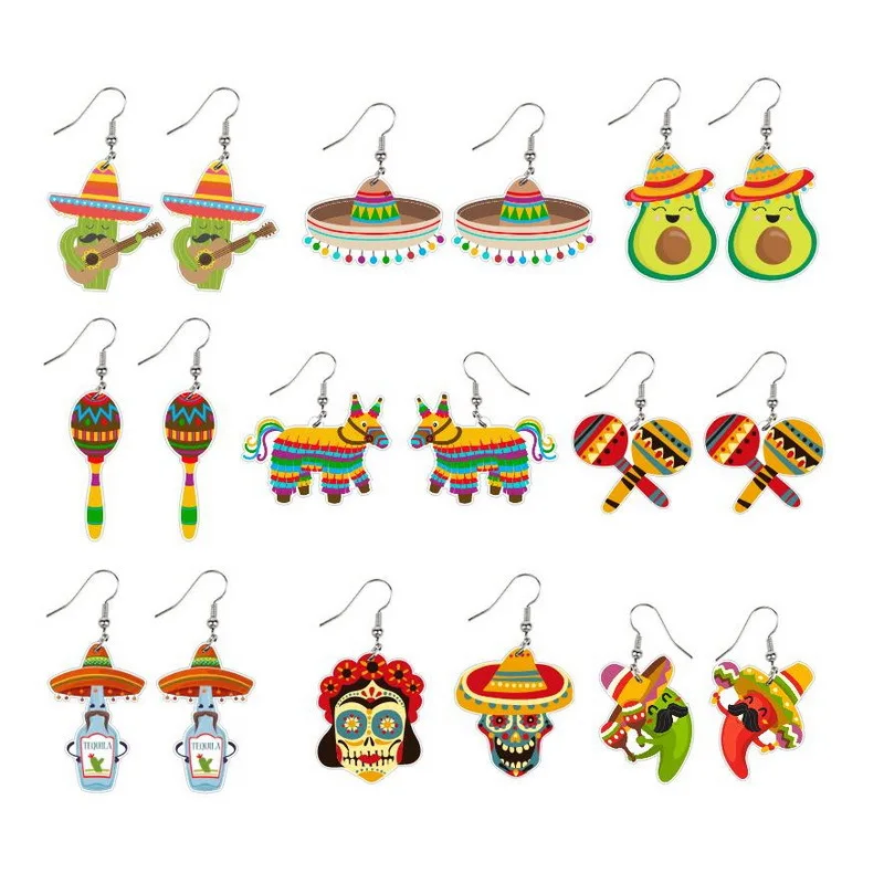 

Mexican Acrylic Earring For Women Chili Racket Hat Skull Avocado Charms Drop Earrings Jewelry Custom Women Party Gift