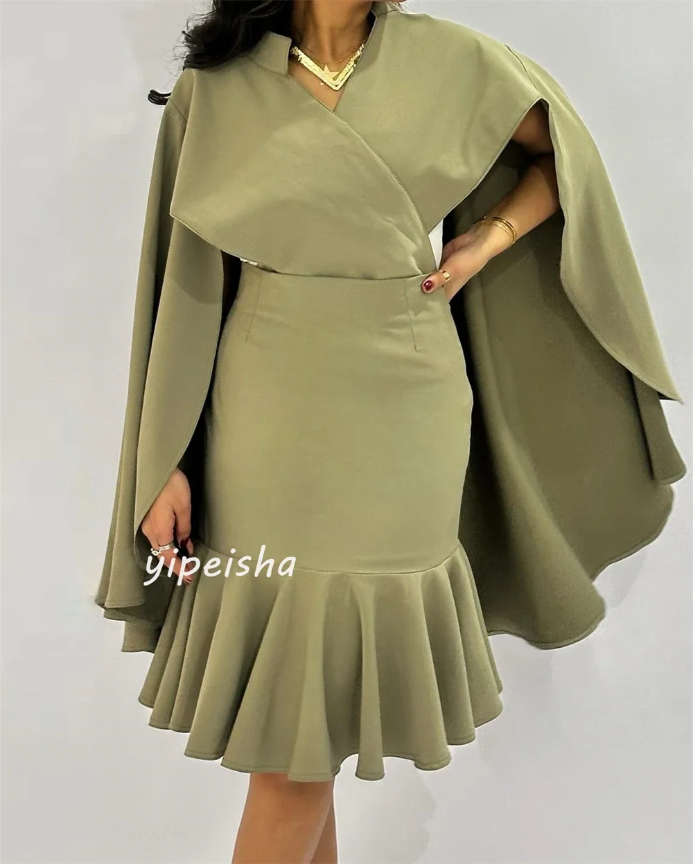 Customized Jersey Pleat Draped Graduation A-line High Collar Bespoke Occasion Gown Knee Length Dresses
