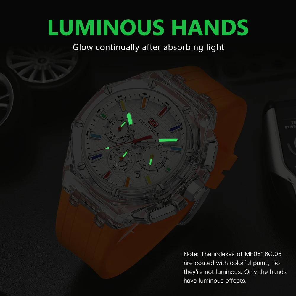 MINI FOCUS Transparent Case Mens Watches Multifunctional Casual Quartz Watch Waterproof  Wrist Watch with Luminous Hands 0616G