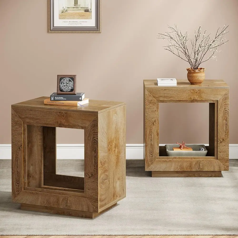 

Two-Tiered Square Wood End Table with Storage Shelf, Suitable for Industrial or Living Room Use